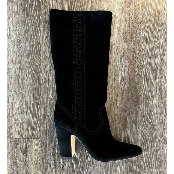 EUC Vince Camuto Coranna Black Suede Knee High Boots Size 8.5M Heel Fringe Boho - Picture 5 of 16